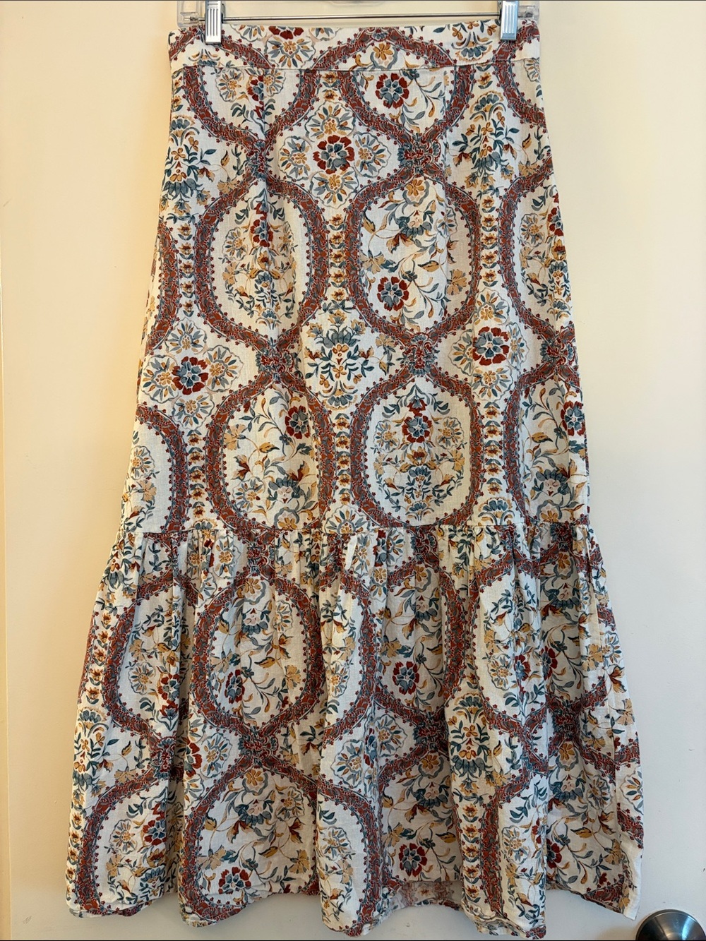 dRA Cream Maxi Skirt with Rust & Teal Medallion Floral Print, Cotton Flax, M